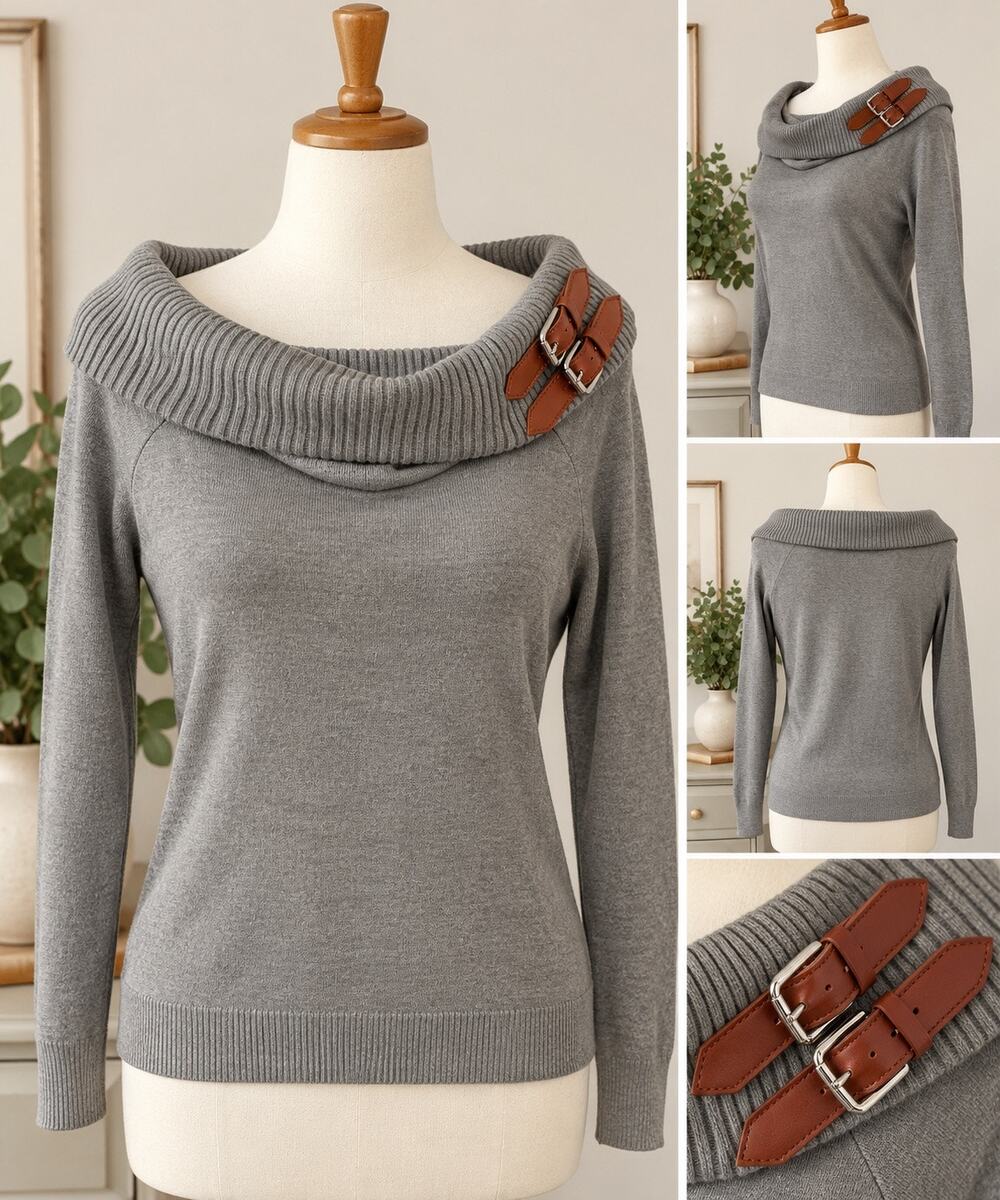 Ralph Lauren Women’s L Gray Off Shoulder Cowl Neck Buckle Sweater